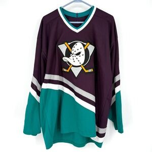 Vntg CCM Mighty Ducks of Anaheim NHL Hockey Jersey Purple Teal XL Maska Canada